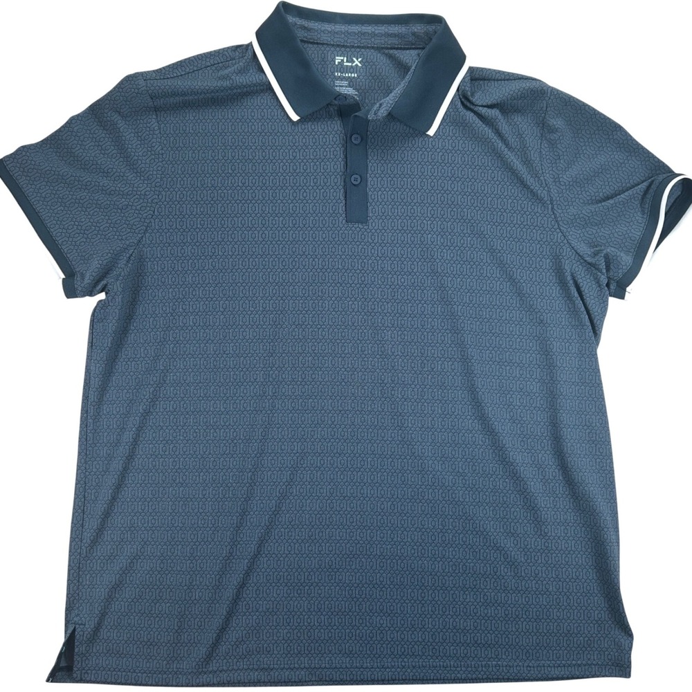FLX‎ Tipped Commuter Polo Shirt Men XXL Blue Geo Print Golf Wicking Stretch